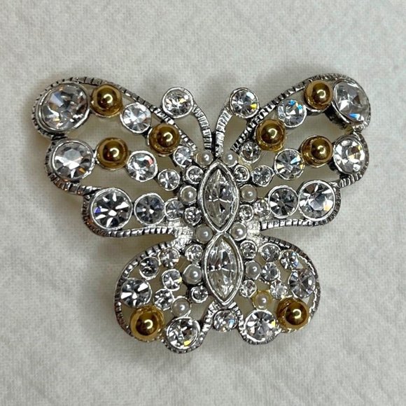 Premier Designs Jewelry - VTG Premier Designs Silver tone Butterfly Brooch with Rhinestones and Gold Beads